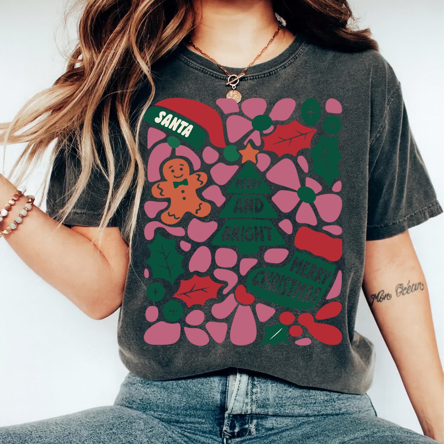 Christmas DTF Transfer – Merry and Bright Gingerbread Santa Hat & Holly Ready to Press Iron On Heat Transfer for DIY Shirts 11766