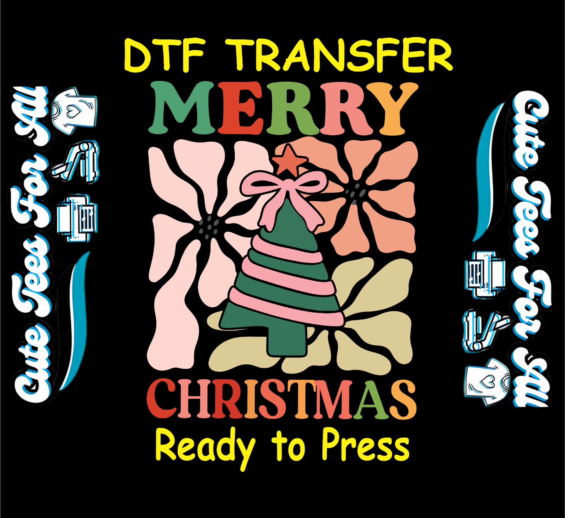 Merry Christmas ready to press DTF transfer with pink bow tree and retro floral background