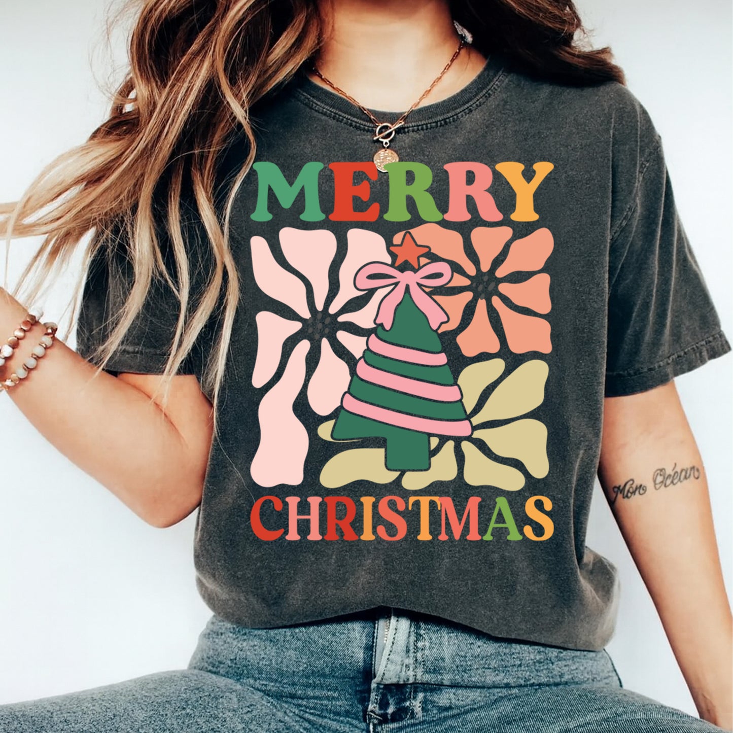 Christmas DTF Transfer – Merry Christmas Tree with Bow & Retro Flowers Ready to Press Iron On Heat Transfer for DIY Shirts 11767