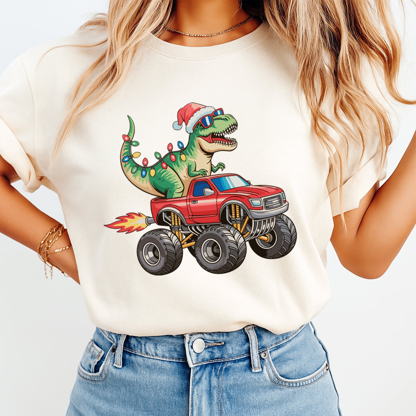 Christmas DTF Transfer – Santa T-Rex with Lights Driving Red Monster Truck Ready to Press Iron On Heat Transfer for DIY Shirts 11768