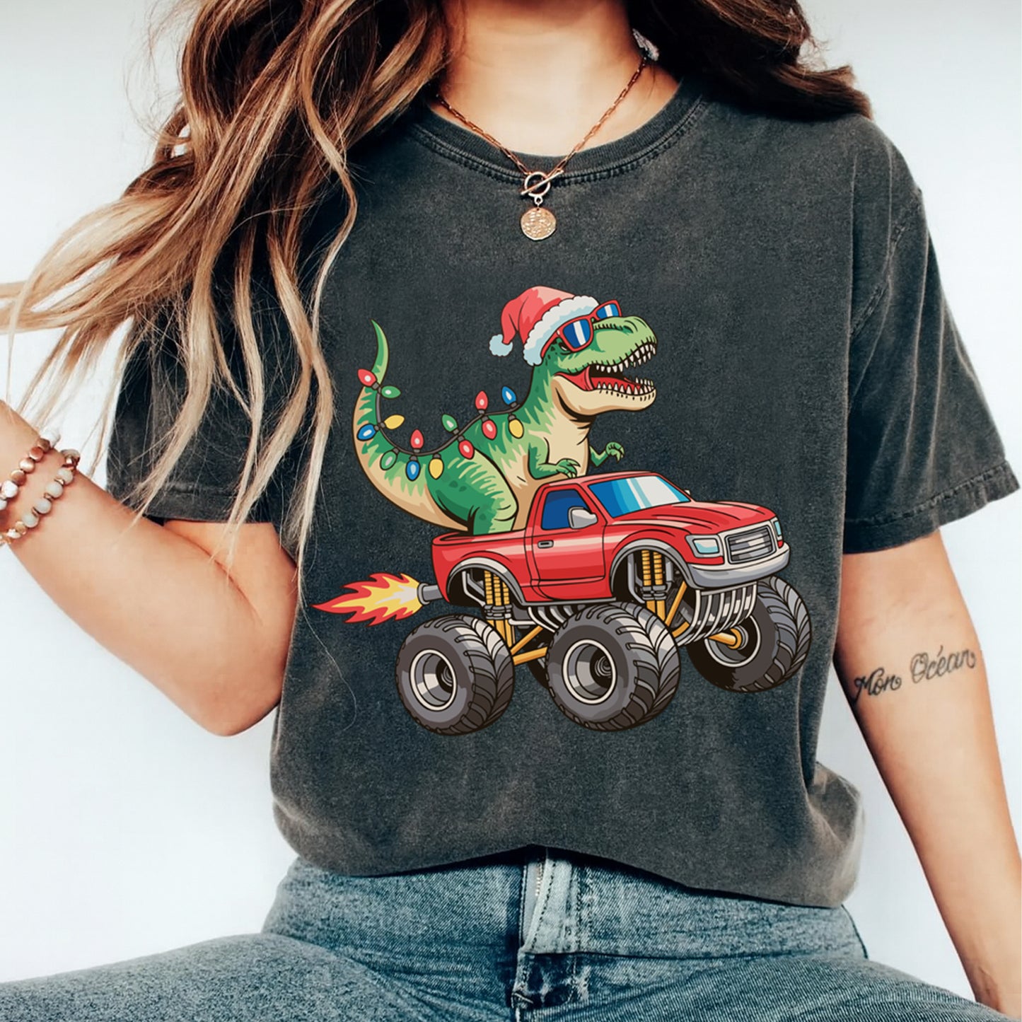 Christmas DTF Transfer – Santa T-Rex with Lights Driving Red Monster Truck Ready to Press Iron On Heat Transfer for DIY Shirts 11768