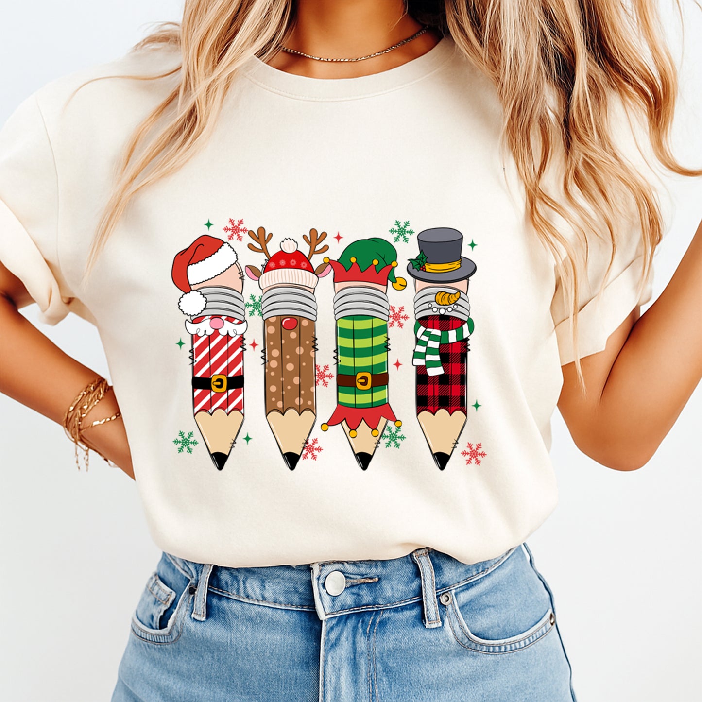 Christmas Teacher DTF Transfer – Santa Reindeer Elf Snowman Pencils Ready to Press Iron On Heat Transfer for DIY Shirts 11769