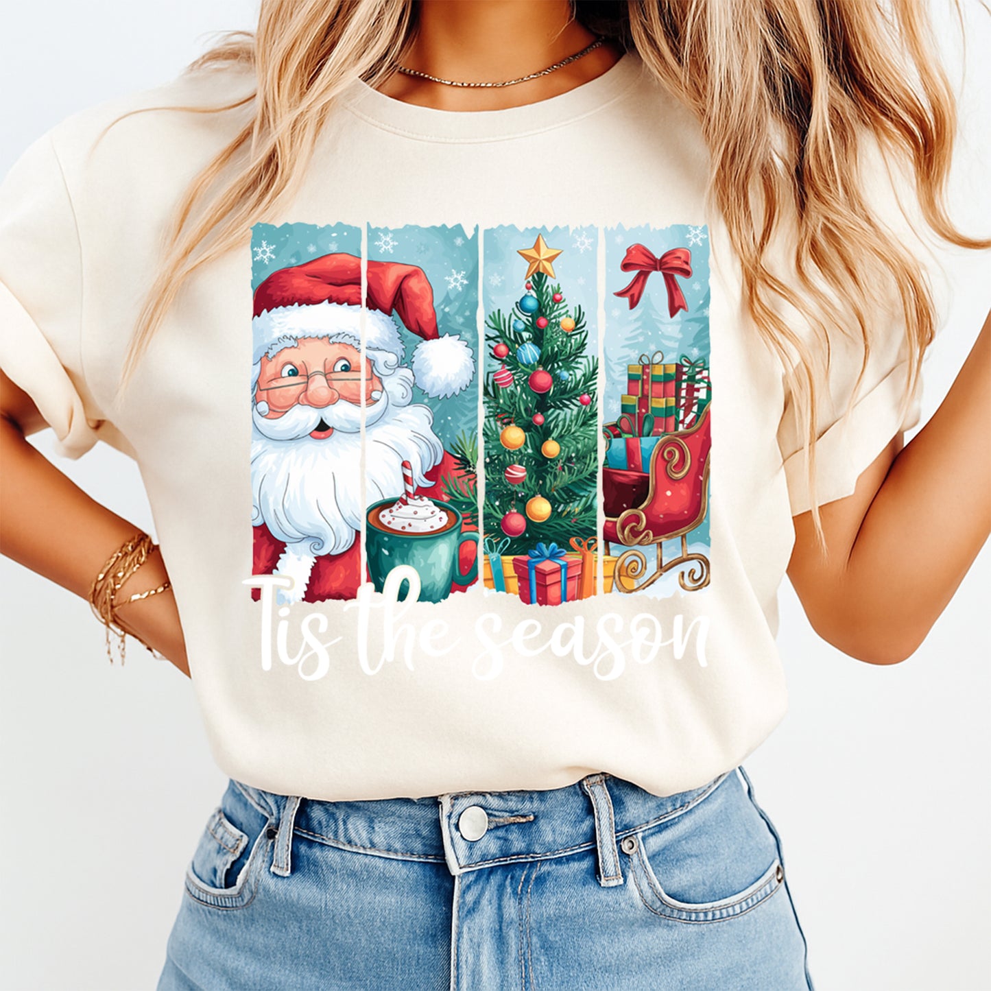 Christmas DTF Transfer – Tis the Season Santa Tree & Gifts Ready to Press Iron On Heat Transfer for DIY Shirts 11770