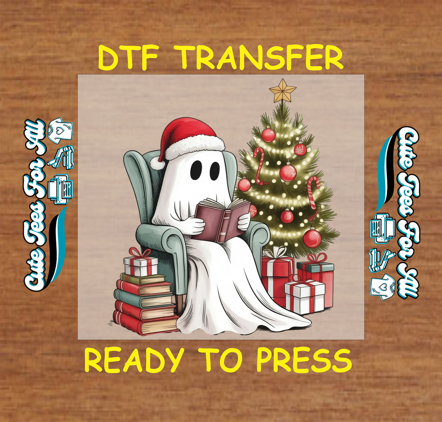 Cozy ghost in Santa hat reading by Christmas tree ready to press DTF transfer with presents and books