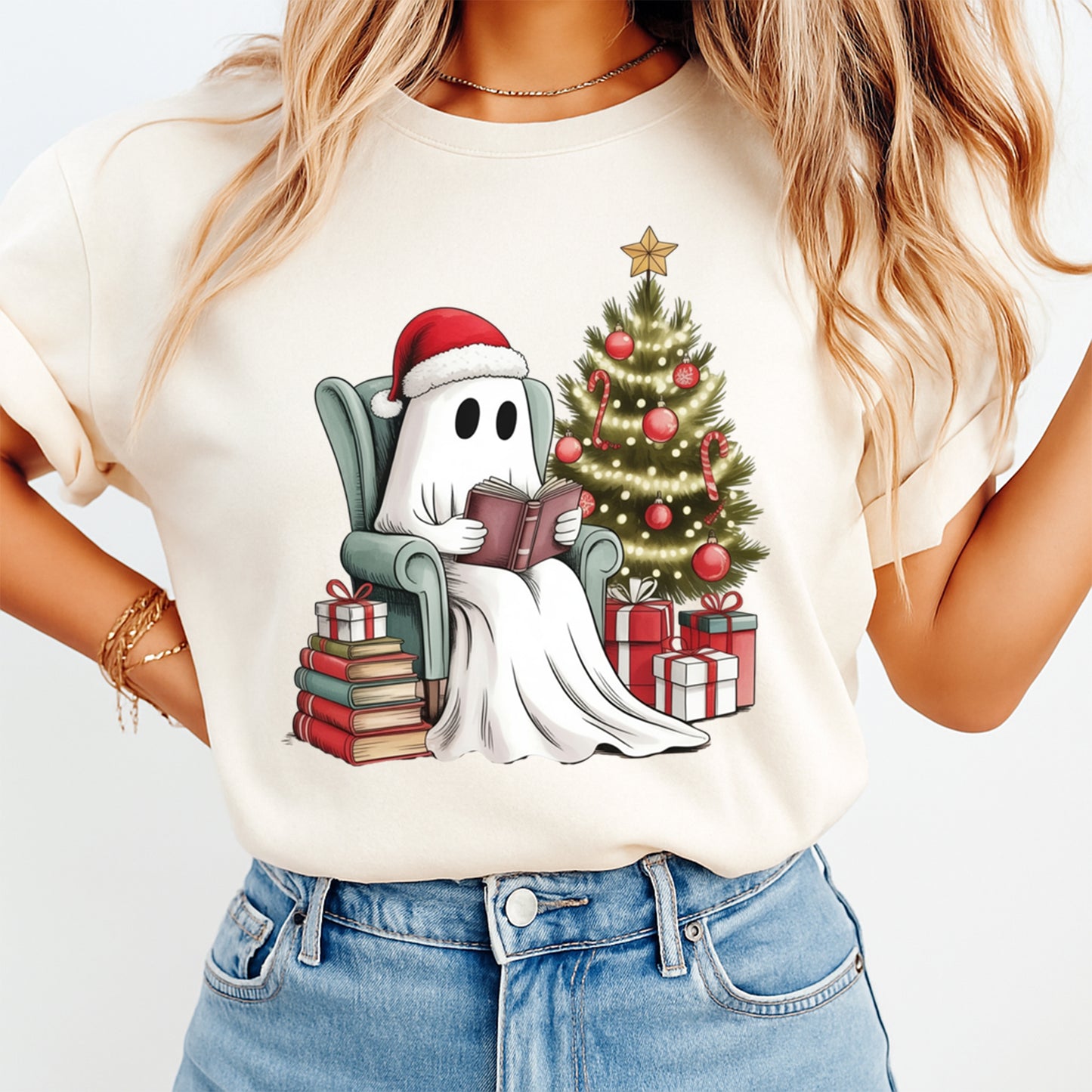 Christmas DTF Transfer – Cozy Ghost Reading by Tree with Santa Hat Ready to Press Iron On Heat Transfer for DIY Shirts 11773