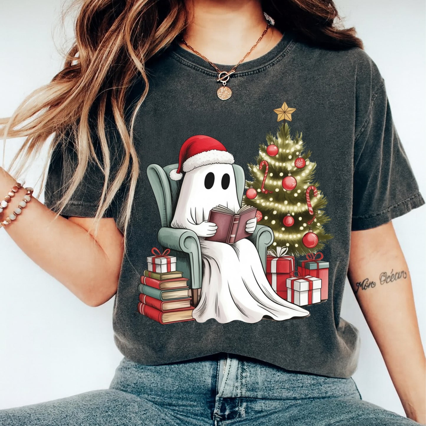 Christmas DTF Transfer – Cozy Ghost Reading by Tree with Santa Hat Ready to Press Iron On Heat Transfer for DIY Shirts 11773