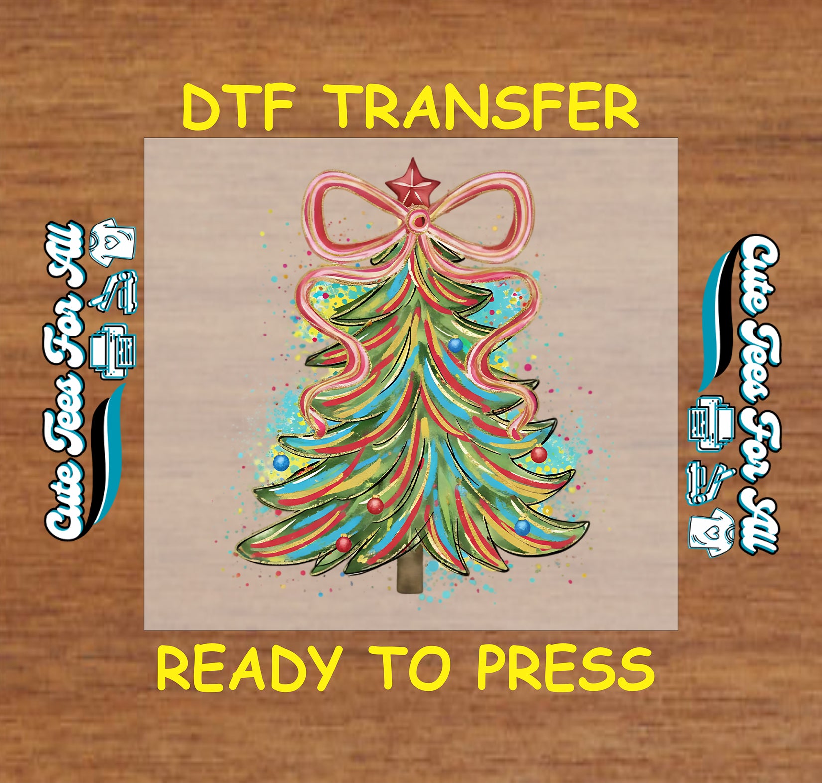 Whimsical Christmas tree ready to press DTF transfer with ribbon bow and colorful ornaments