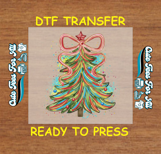 Whimsical Christmas tree ready to press DTF transfer with ribbon bow and colorful ornaments