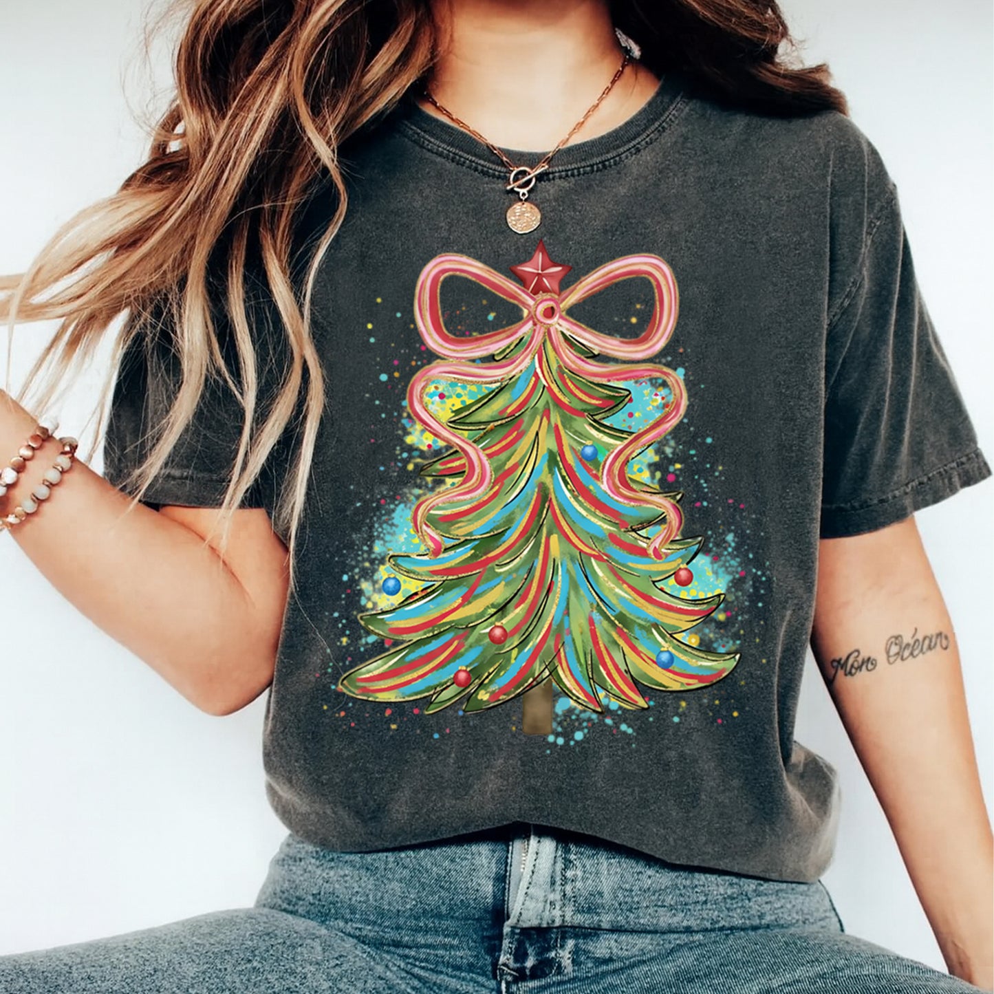 Christmas DTF Transfer – Whimsical Ribbon Tree with Star Topper Ready to Press Iron On Heat Transfer for DIY Shirts 11776