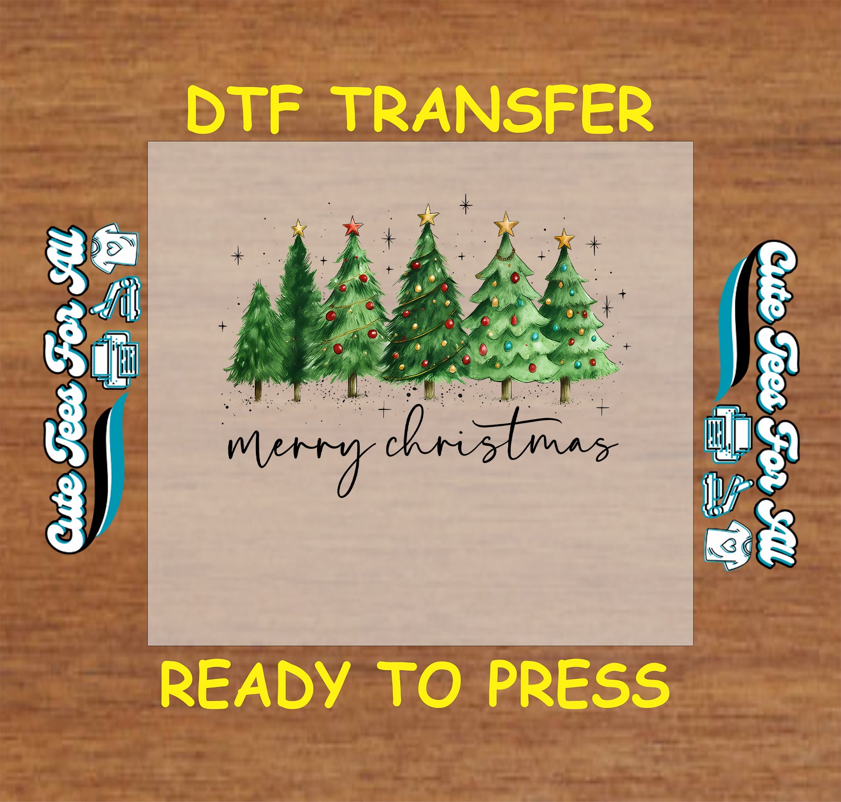 Merry Christmas ready to press DTF transfer with five watercolor trees and handwritten text