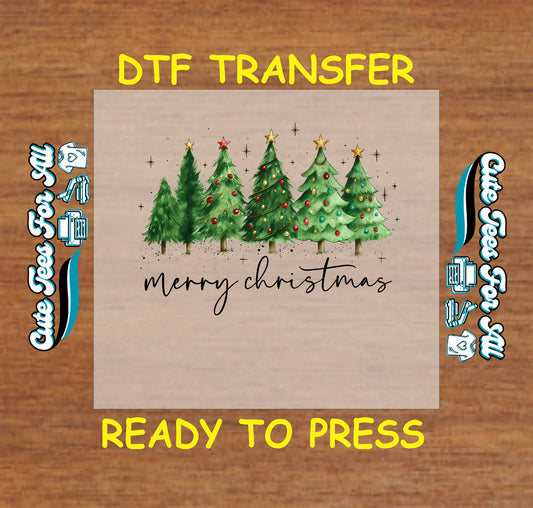 Merry Christmas ready to press DTF transfer with five watercolor trees and handwritten text