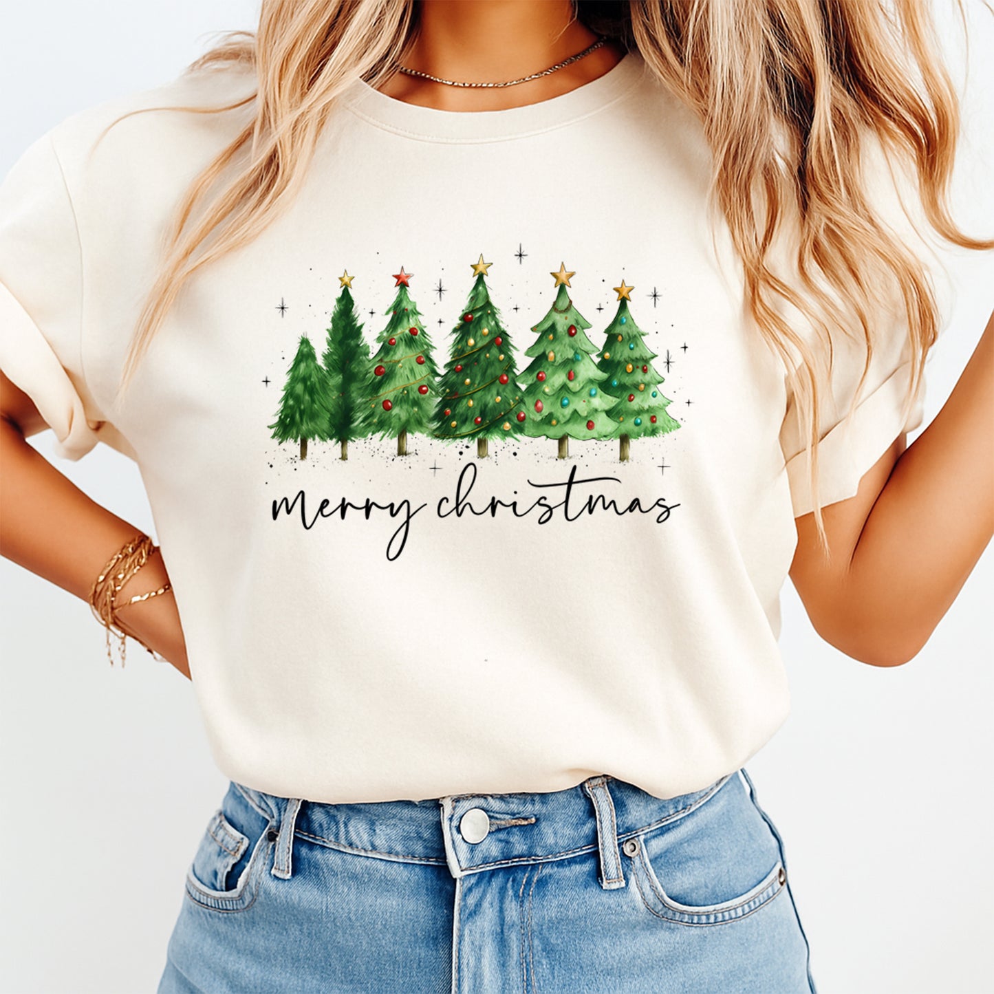 Christmas DTF Transfer – Merry Christmas Watercolor Tree Line Ready to Press Iron On Heat Transfer for DIY Shirts 11778