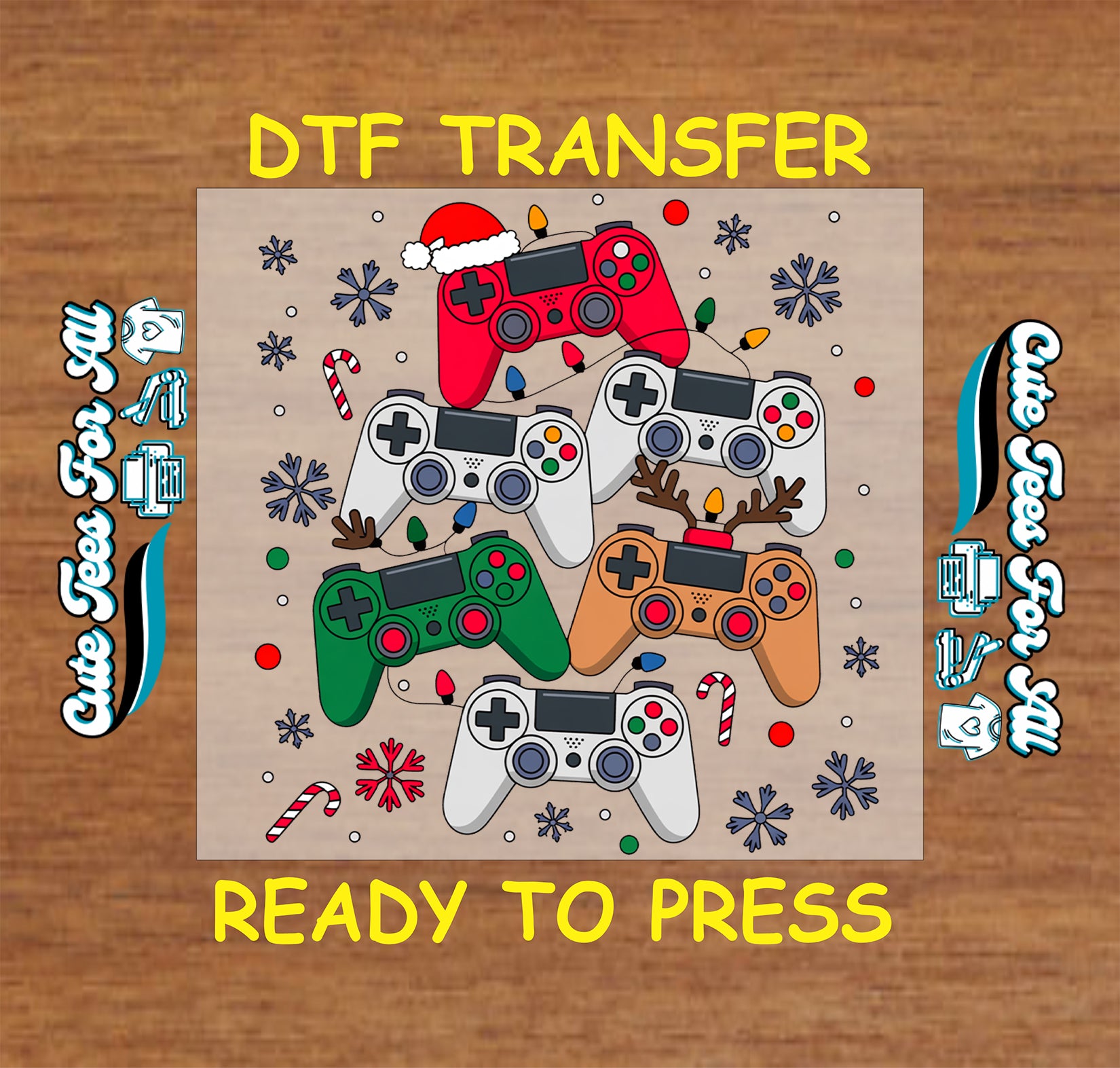 Christmas gamer controller stack with Santa hat and reindeer ready to press dtf iron on heat transfer for DIY shirts