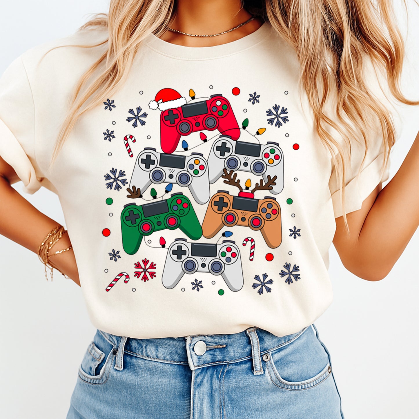 Christmas DTF Transfer – Gamer Controllers with Santa Hat and Reindeer Ready to Press Iron On Heat Transfer for DIY Shirts 11782