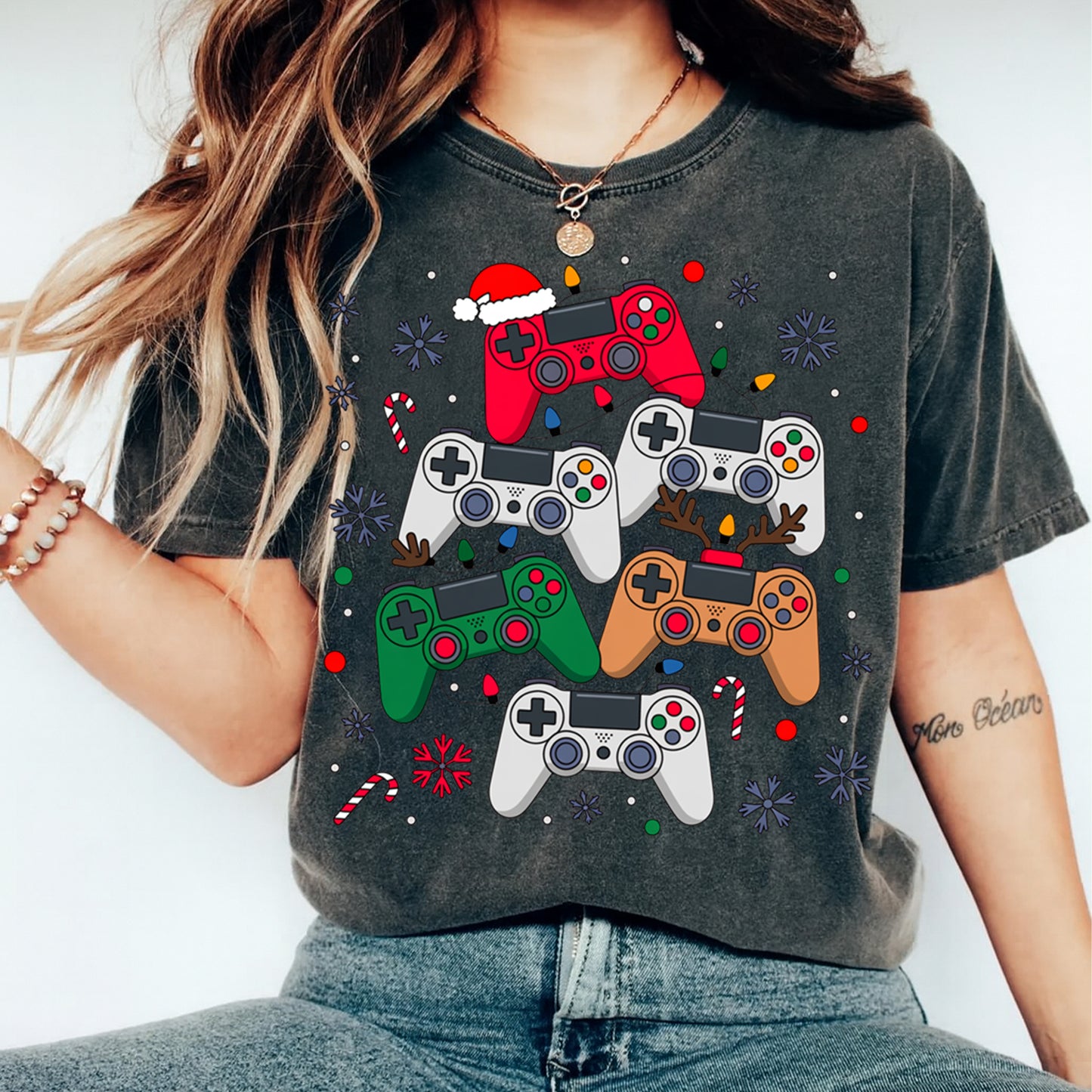 Christmas DTF Transfer – Gamer Controllers with Santa Hat and Reindeer Ready to Press Iron On Heat Transfer for DIY Shirts 11782