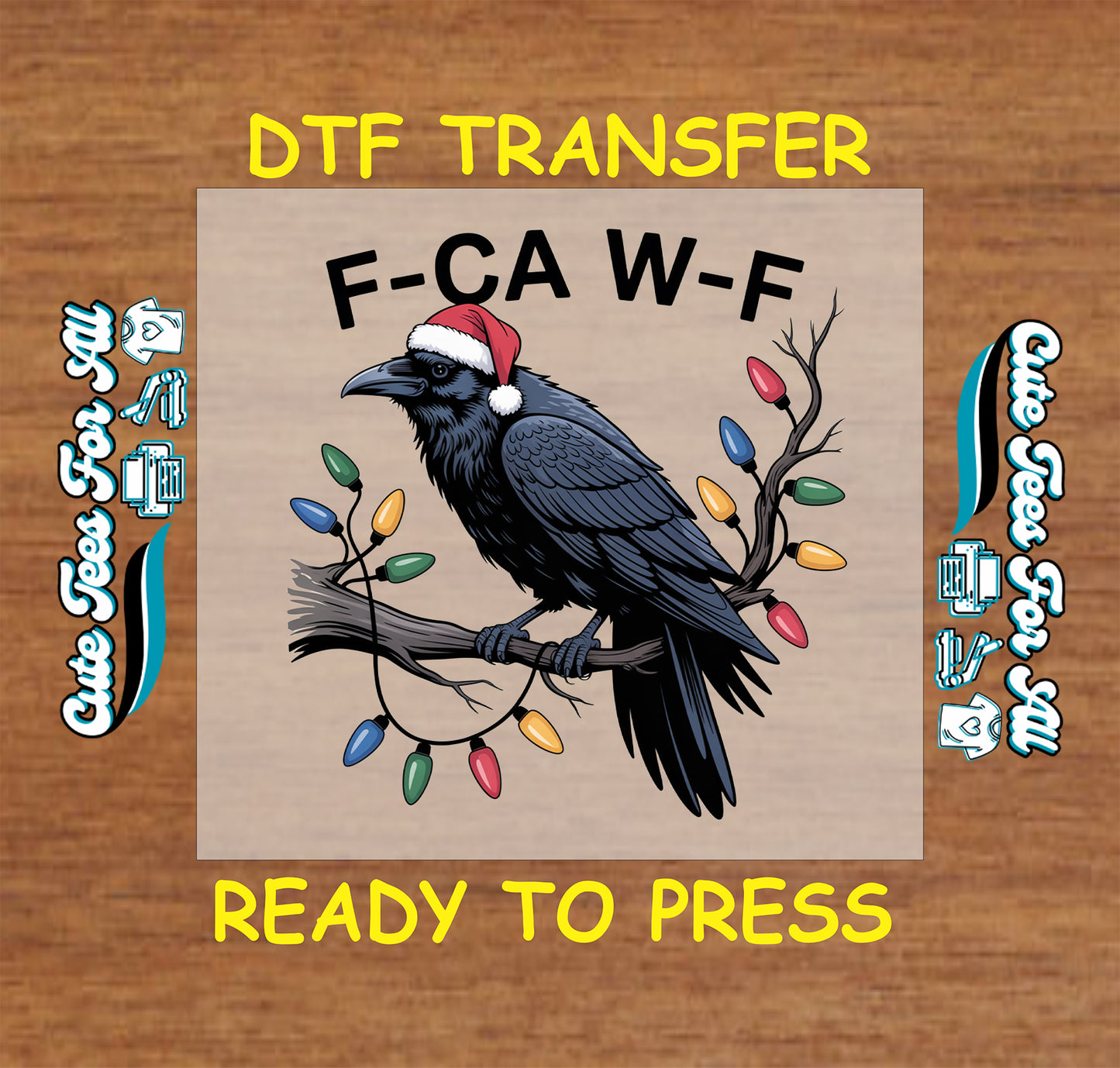 Funny crow Christmas design with Santa hat and holiday lights ready to press dtf iron on heat transfer for DIY shirts