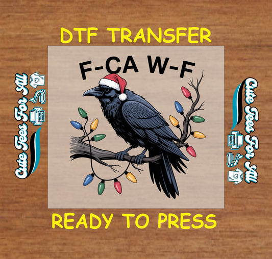 Funny crow Christmas design with Santa hat and holiday lights ready to press dtf iron on heat transfer for DIY shirts