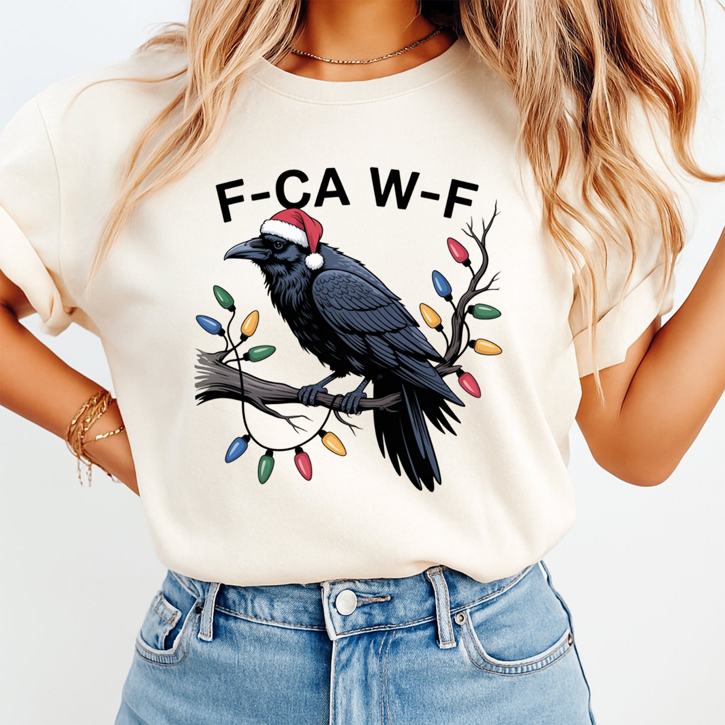 Christmas DTF Transfer – Crow with Santa Hat and Holiday Lights Funny Gothic Ready to Press Iron On Heat Transfer for DIY Shirts 11783