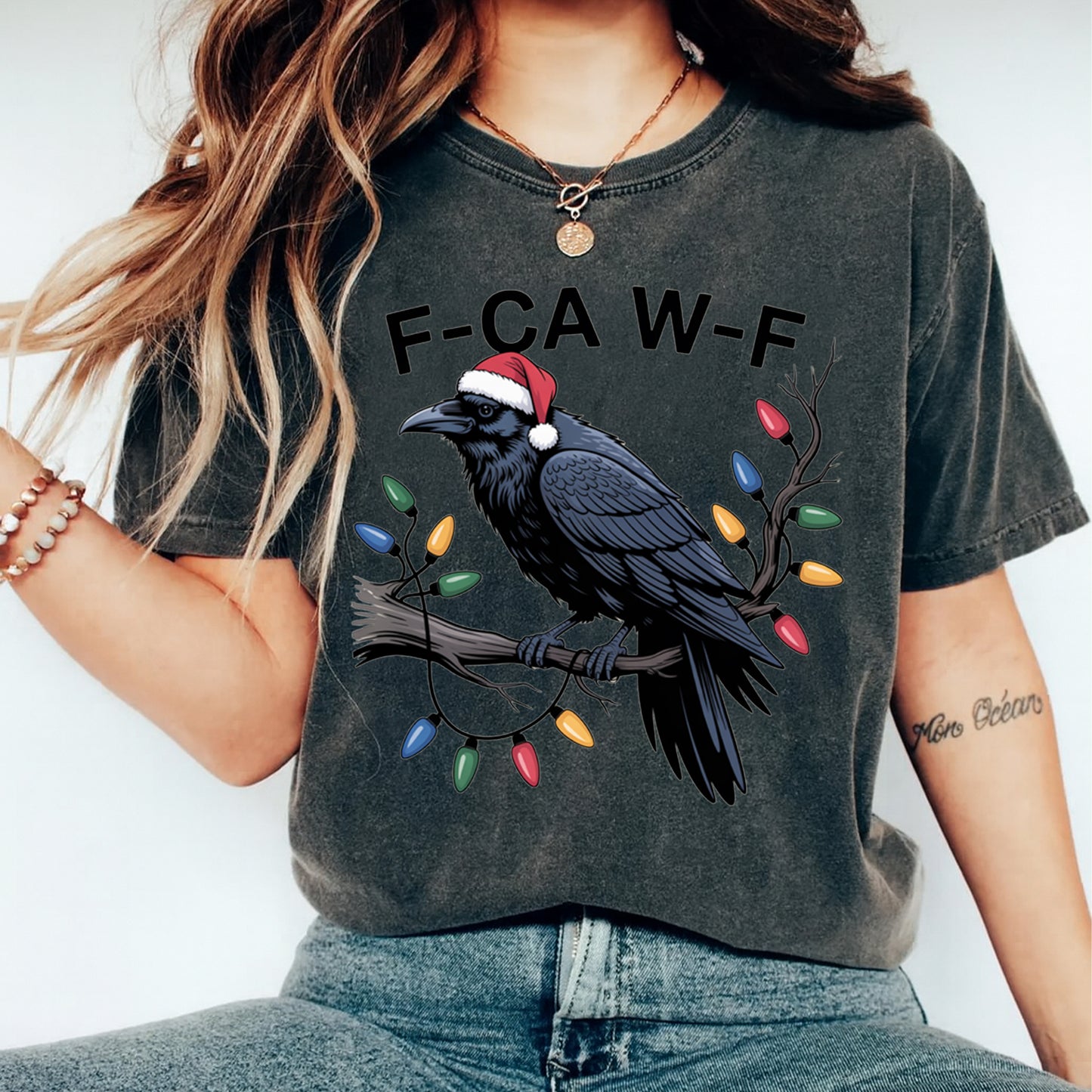 Christmas DTF Transfer – Crow with Santa Hat and Holiday Lights Funny Gothic Ready to Press Iron On Heat Transfer for DIY Shirts 11783