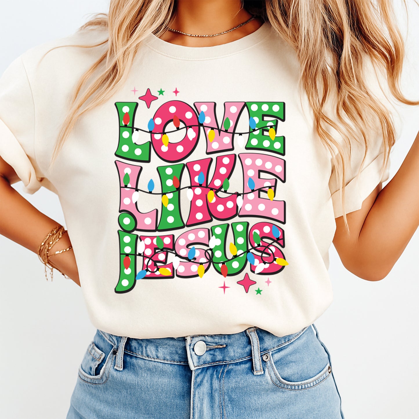Christmas DTF Transfer – Love Like Jesus Retro Polka Dot Lights Ready to Press Iron On Heat Transfer for DIY Shirts 11785