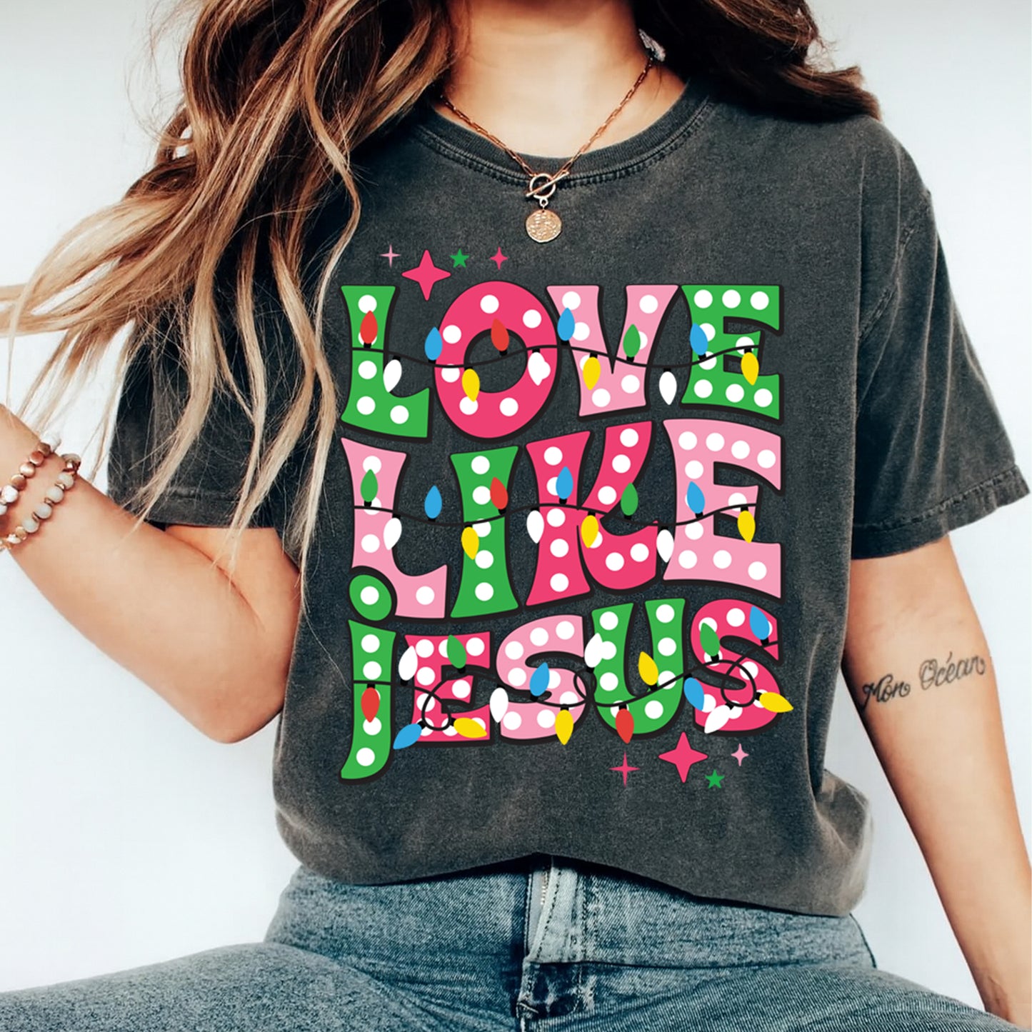 Christmas DTF Transfer – Love Like Jesus Retro Polka Dot Lights Ready to Press Iron On Heat Transfer for DIY Shirts 11785