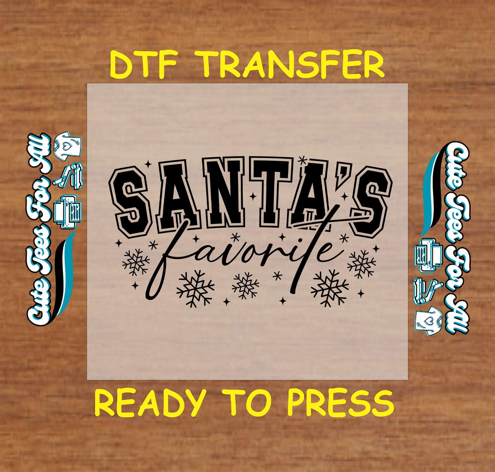 Santa’s Favorite Christmas black snowflake varsity lettering ready to press dtf iron on heat transfer for DIY shirts