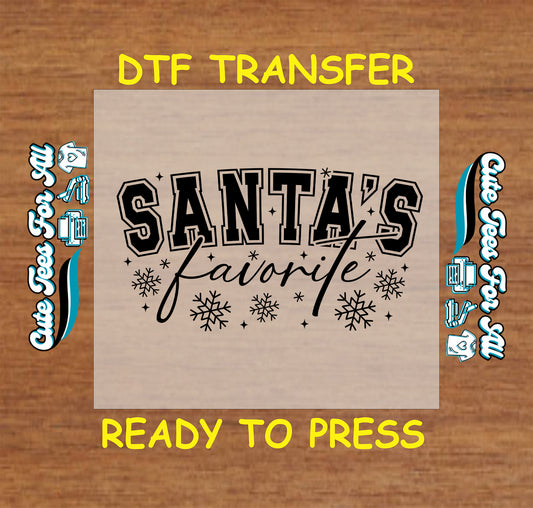 Santa’s Favorite Christmas black snowflake varsity lettering ready to press dtf iron on heat transfer for DIY shirts