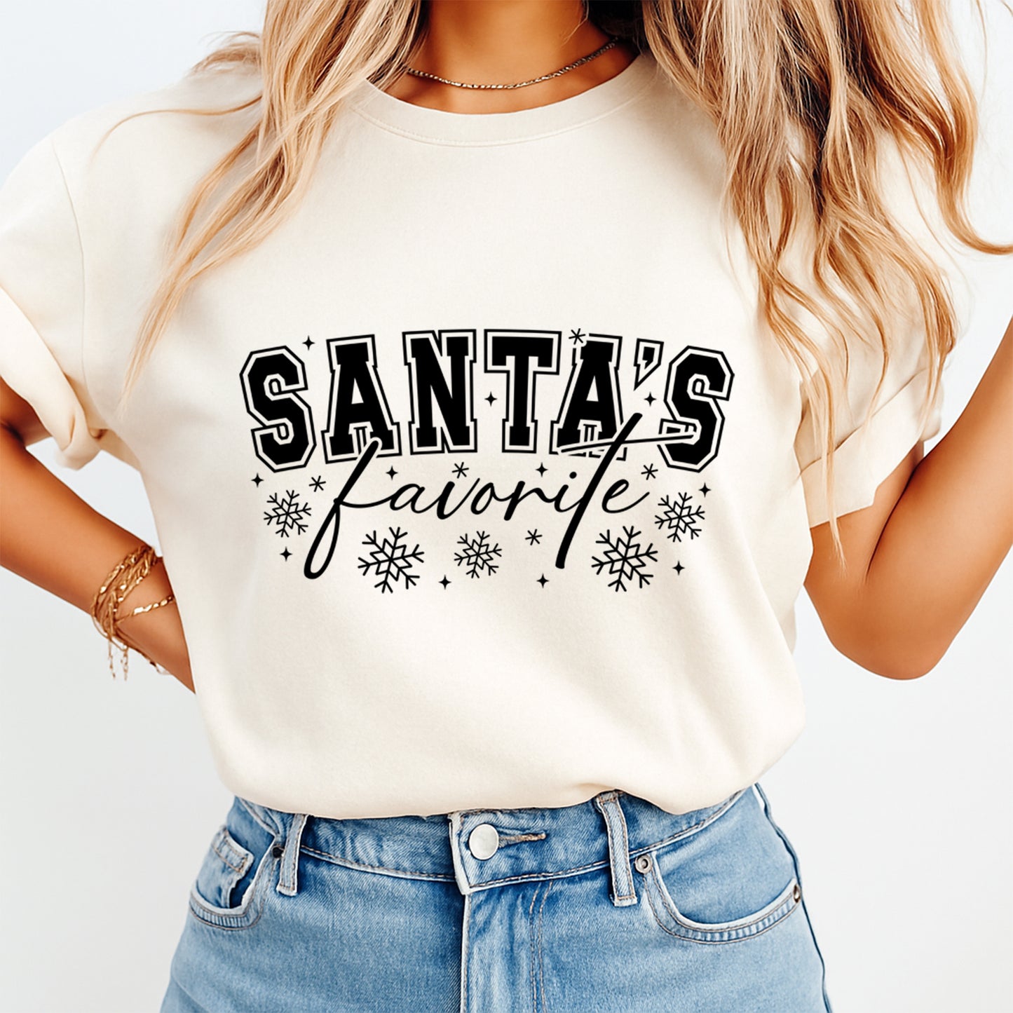 Christmas DTF Transfer – Santa’s Favorite Black Snowflake Varsity Lettering Ready to Press Iron On Heat Transfer for DIY Shirts 11789