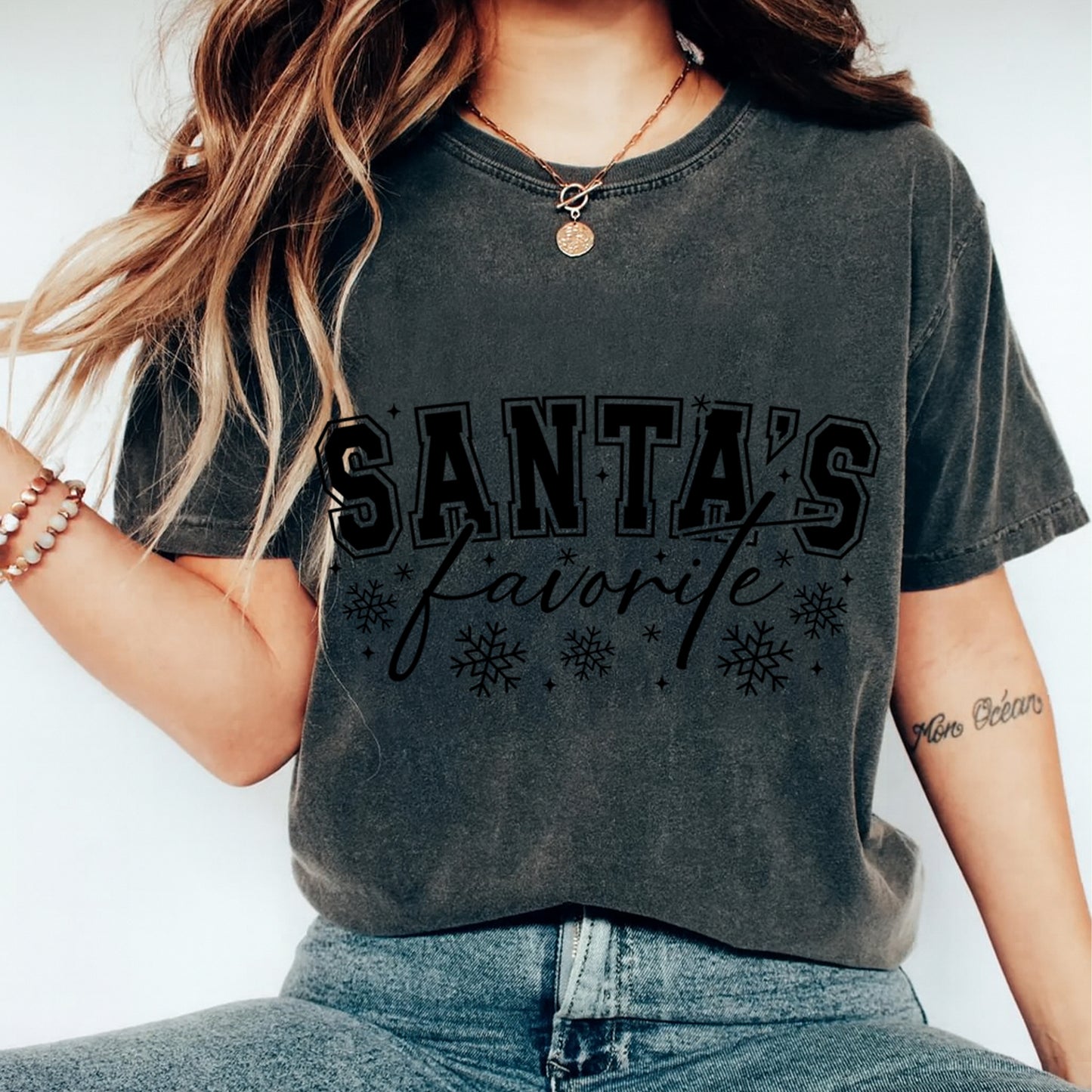 Christmas DTF Transfer – Santa’s Favorite Black Snowflake Varsity Lettering Ready to Press Iron On Heat Transfer for DIY Shirts 11789