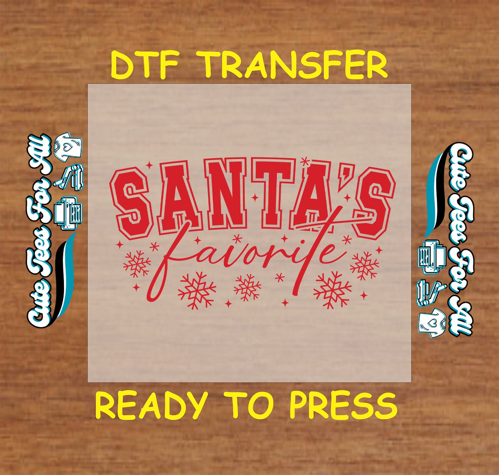 Santa’s Favorite Christmas red snowflake varsity lettering ready to press dtf iron on heat transfer for DIY shirts