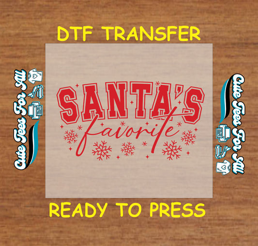 Santa’s Favorite Christmas red snowflake varsity lettering ready to press dtf iron on heat transfer for DIY shirts
