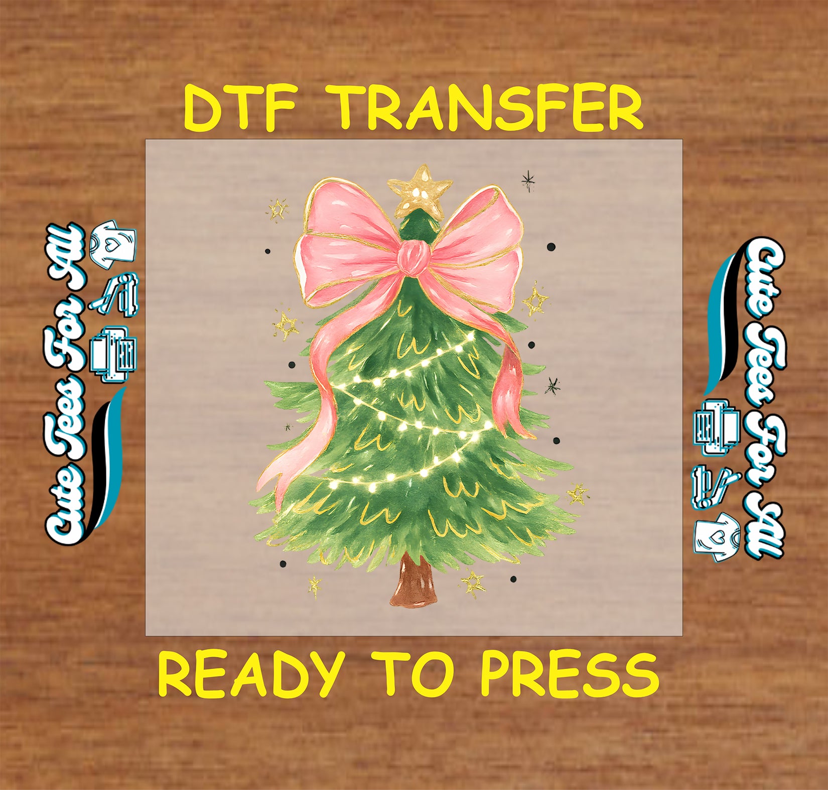 Christmas tree with pink bow and lights ready to press dtf iron on heat transfer for DIY shirts