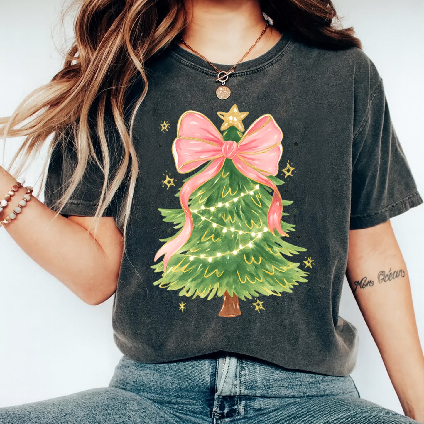 Christmas DTF Transfer – Pink Bow Christmas Tree Lights Ready to Press Iron On Heat Transfer for DIY Shirts 11806