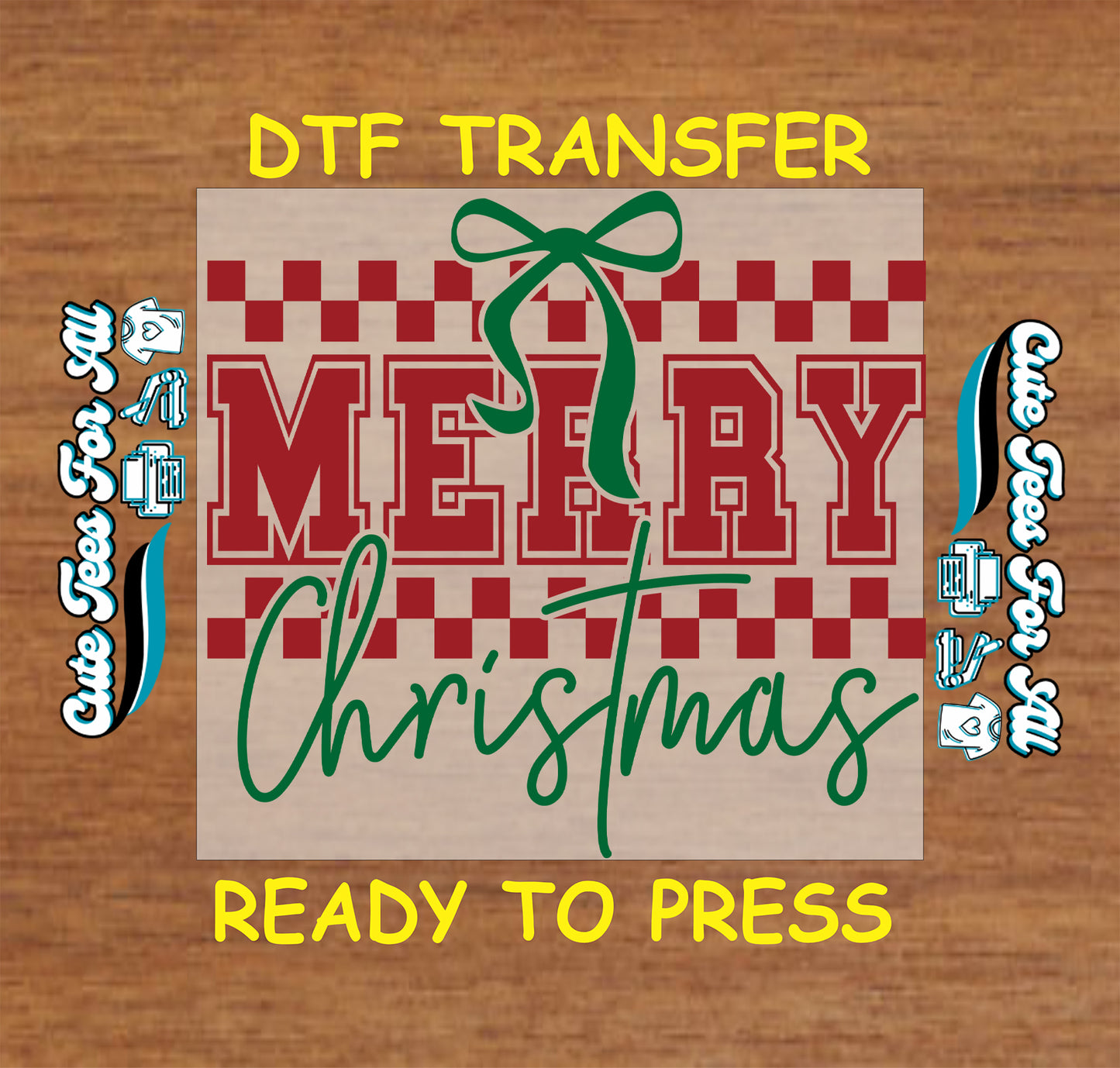 Merry Christmas red checkered pattern with green bow ready to press dtf iron on heat transfer for DIY shirts
