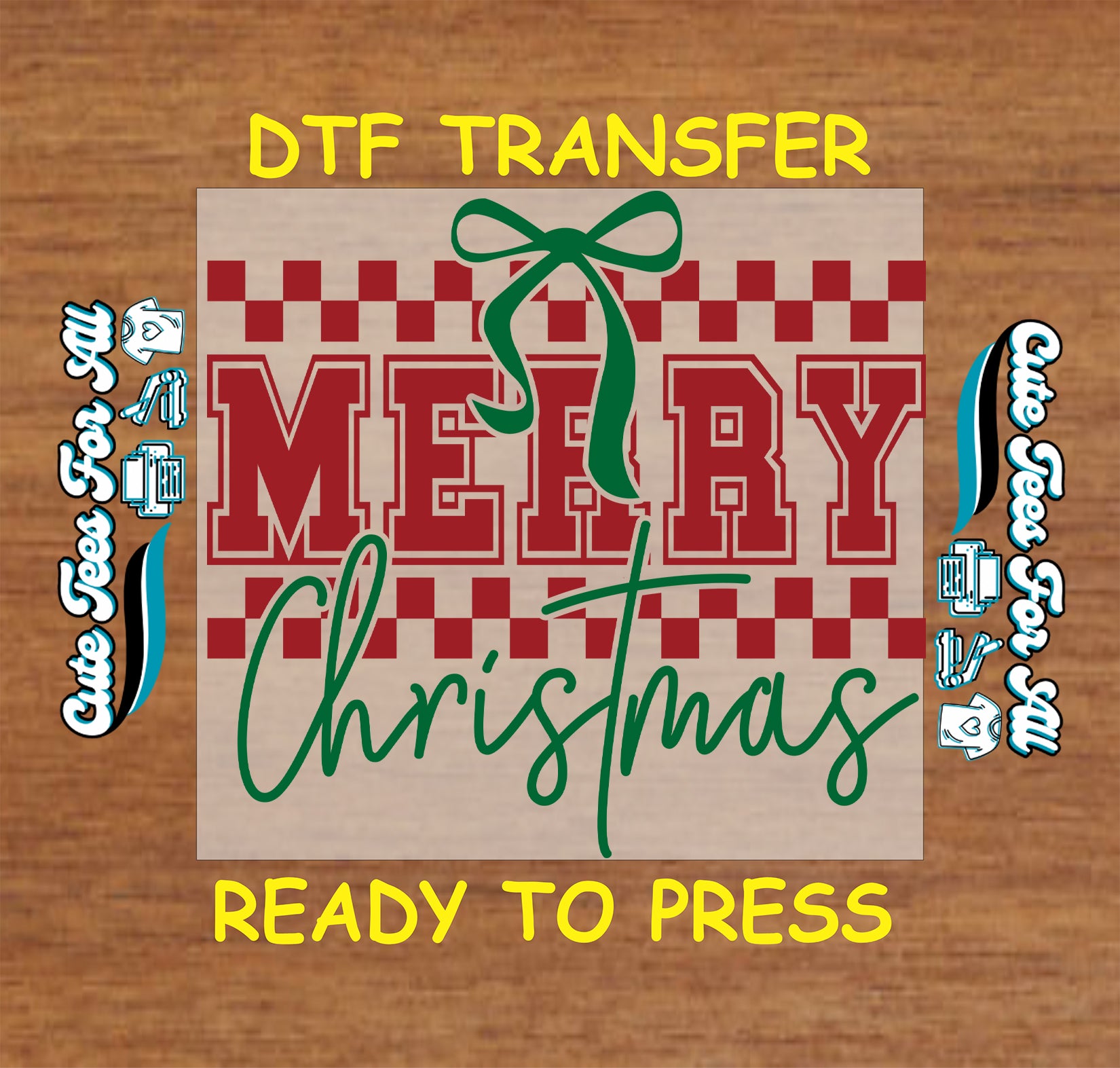 Merry Christmas red checkered pattern with green bow ready to press dtf iron on heat transfer for DIY shirts