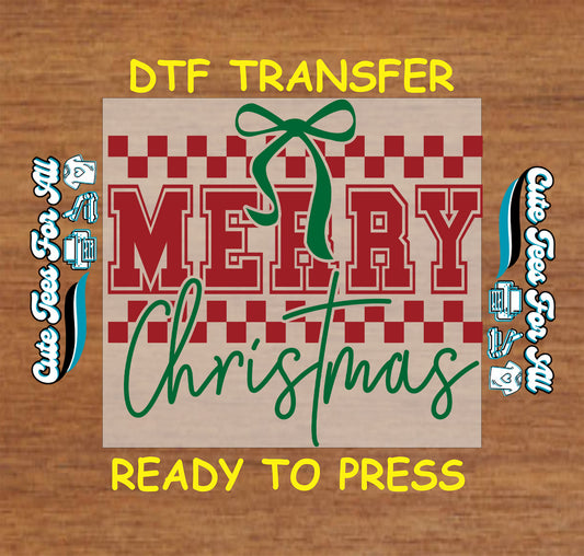 Merry Christmas red checkered pattern with green bow ready to press dtf iron on heat transfer for DIY shirts