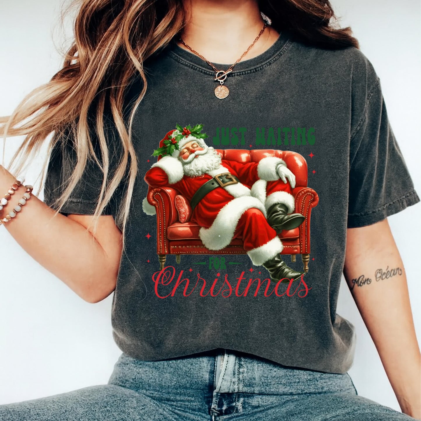 Christmas DTF Transfer – Vintage Santa on Couch Just Waiting for Christmas Ready to Press Iron On Heat Transfer for DIY Shirts 11808