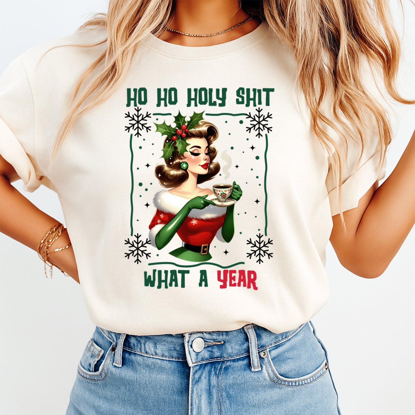 Christmas DTF Transfer – Retro Pinup Lady with Coffee Cup “Ho Ho Holy Shit What a Year” Ready to Press Iron On Heat Transfer for DIY Shirts 11810