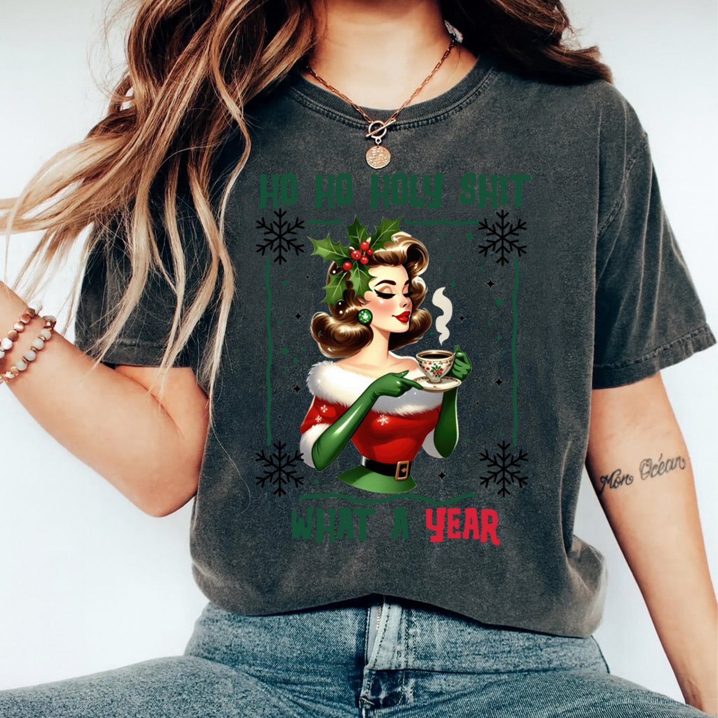 Christmas DTF Transfer – Retro Pinup Lady with Coffee Cup “Ho Ho Holy Shit What a Year” Ready to Press Iron On Heat Transfer for DIY Shirts 11810