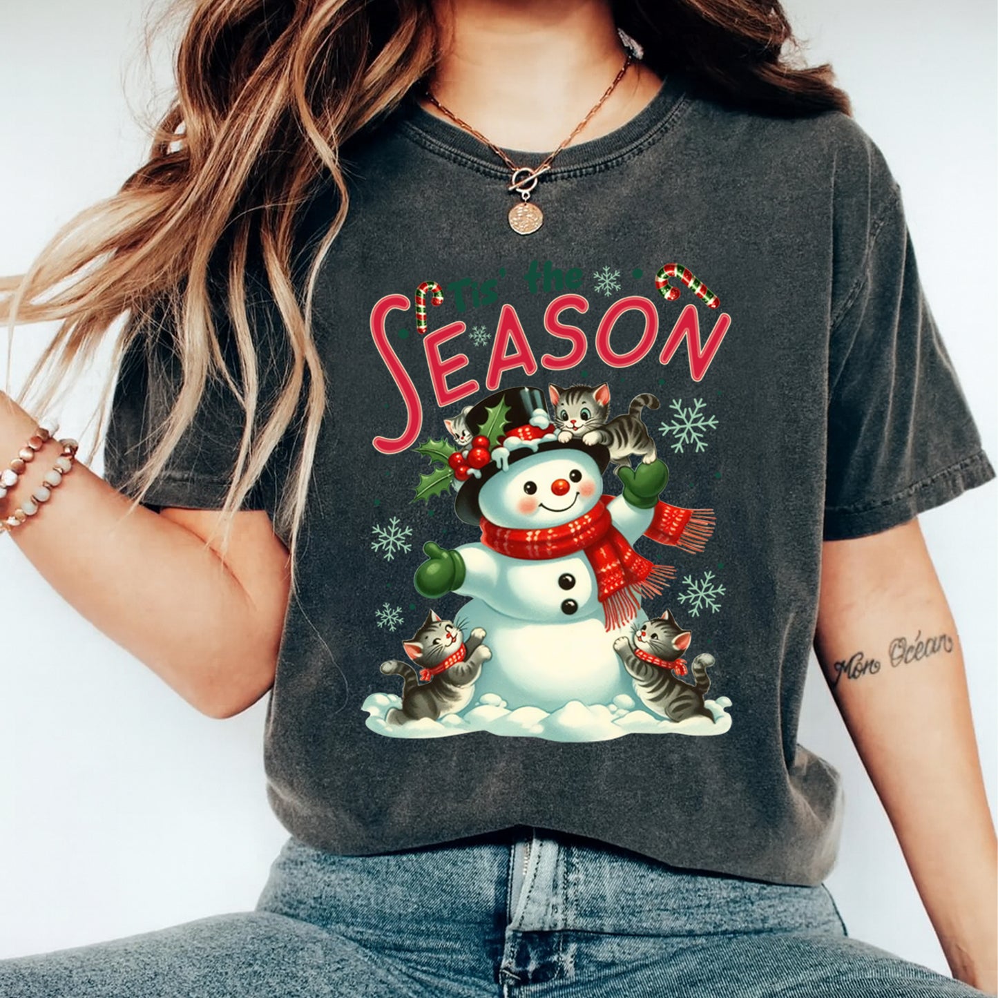 Christmas DTF Transfer – Snowman with Kittens “Tis the Season” Ready to Press Iron On Heat Transfer for DIY Shirts 11811