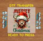 Christmas DTF Transfer – Highland Cow with Santa Hat and Lights “Merry Christmas” Ready to Press Iron On Heat Transfer for DIY Shirts 11812
