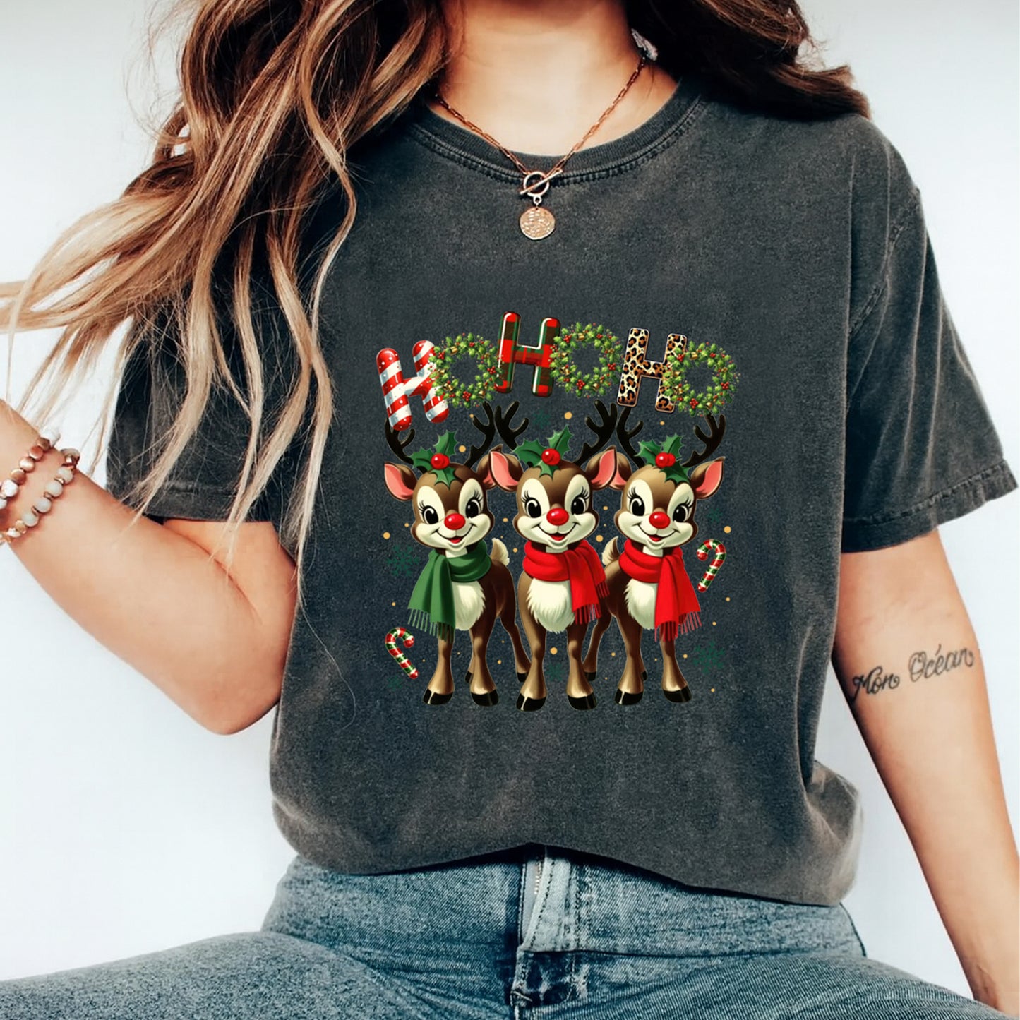 Christmas DTF Transfer – Trio of Reindeer with Scarves “Ho Ho Ho” Ready to Press Iron On Heat Transfer for DIY Shirts 11813