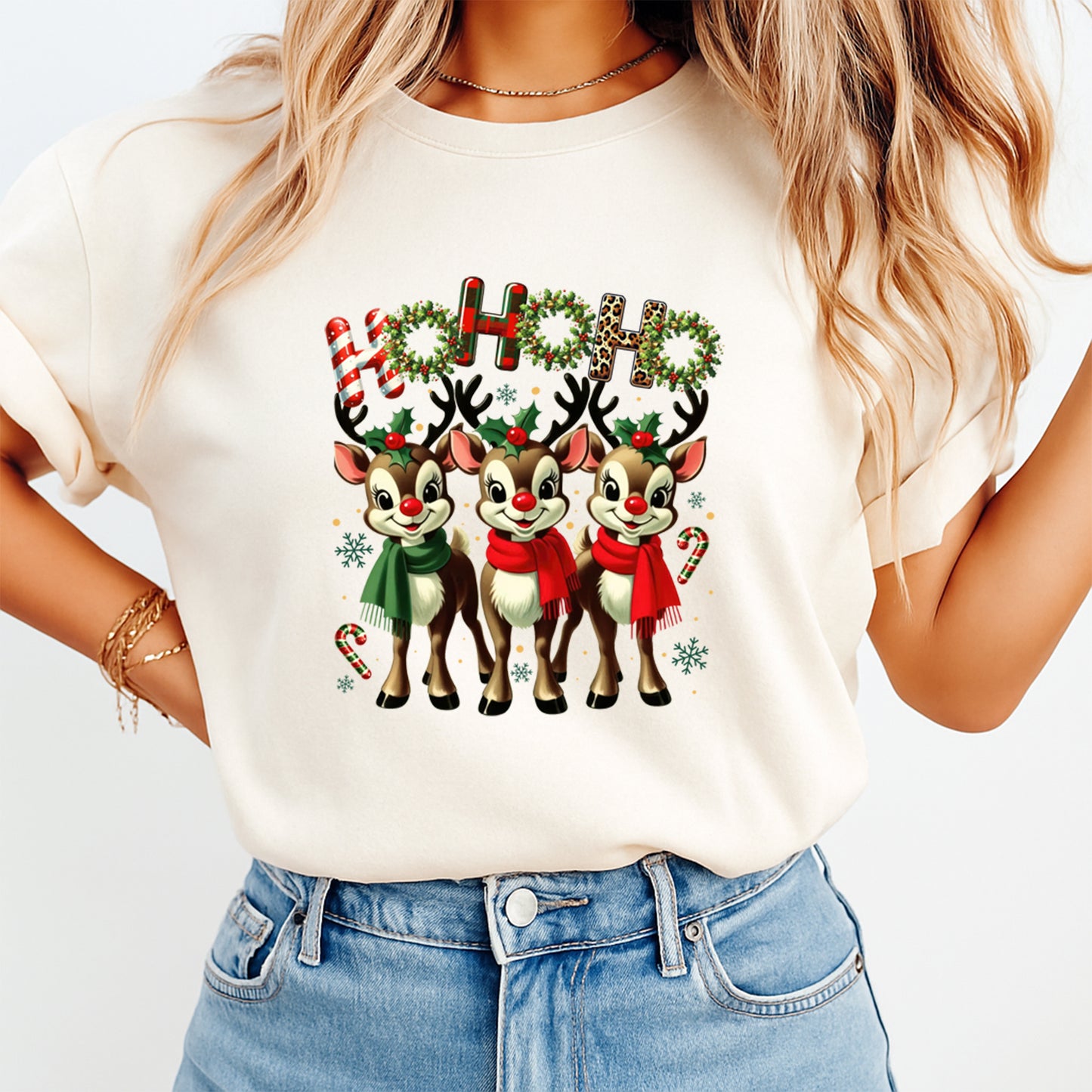 Christmas DTF Transfer – Trio of Reindeer with Scarves “Ho Ho Ho” Ready to Press Iron On Heat Transfer for DIY Shirts 11813