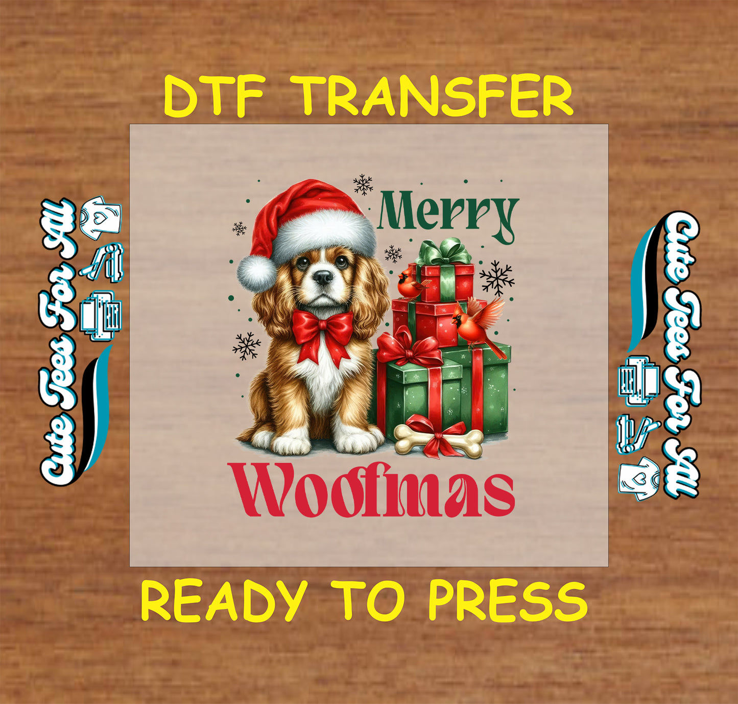 Christmas DTF transfer featuring puppy with Santa hat, red bow, and presents with text “Merry Woofmas,” ready to press iron on heat transfer for DIY shirts.