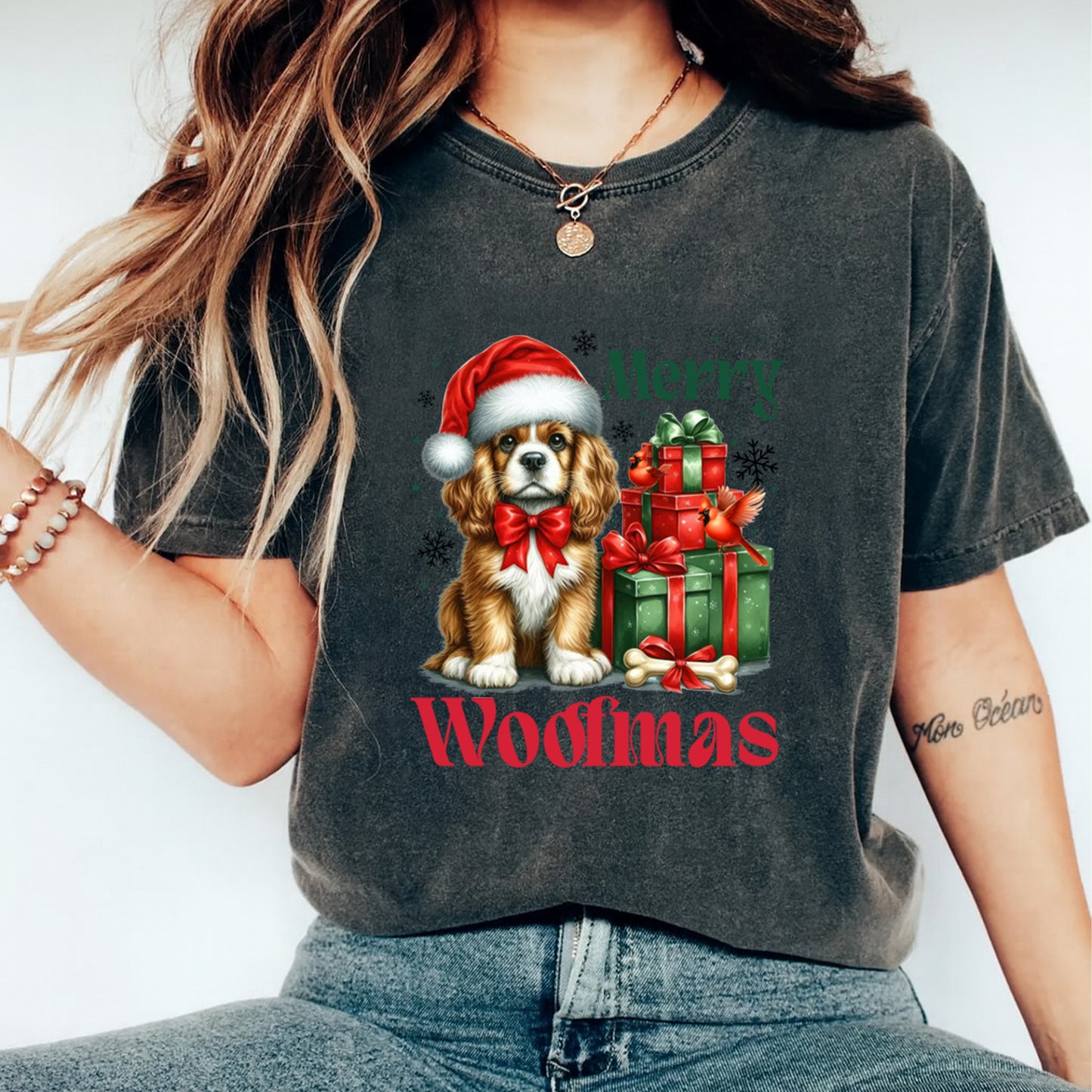 Christmas DTF Transfer – Puppy with Santa Hat and Presents “Merry Woofmas” Ready to Press Iron On Heat Transfer for DIY Shirts 11815