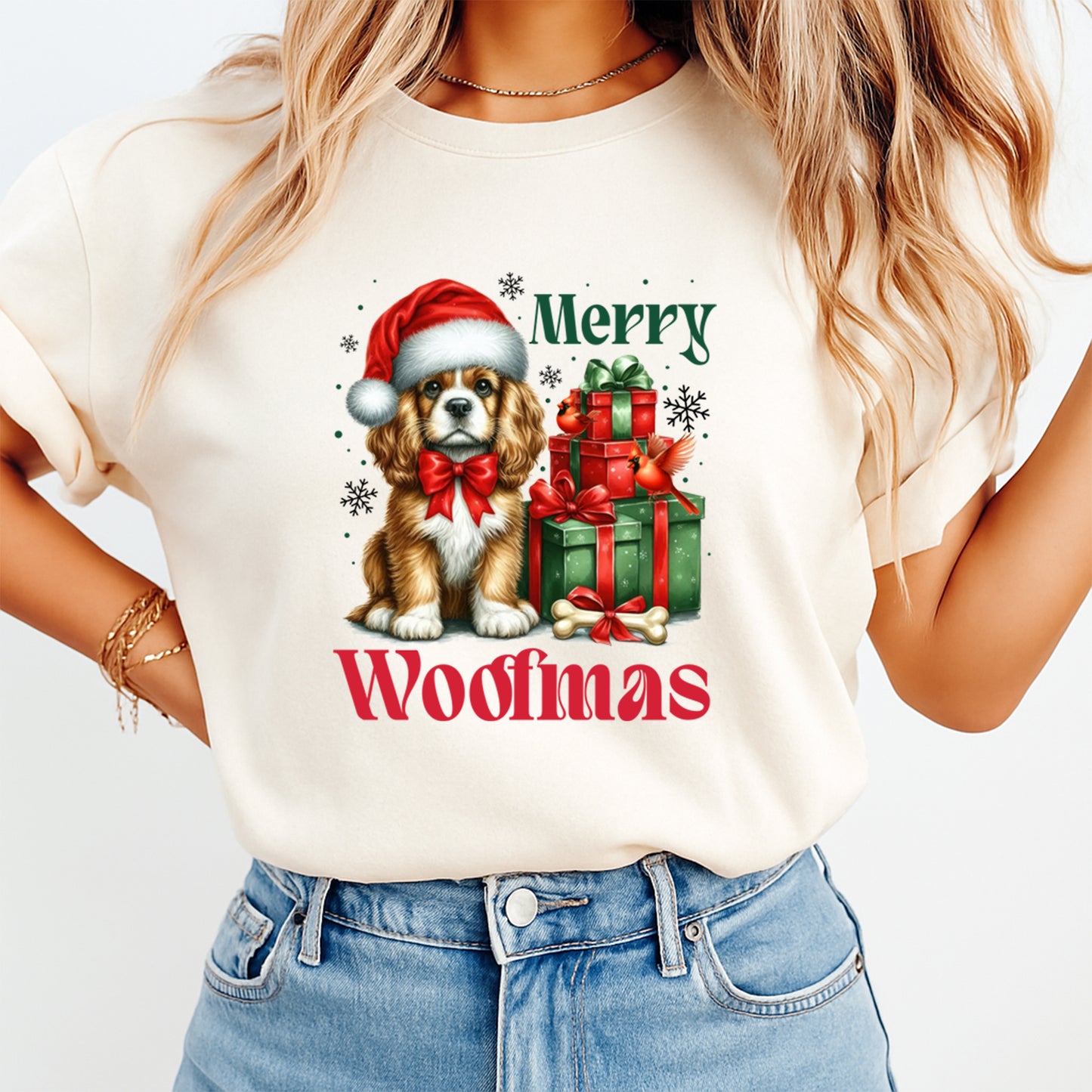 Christmas DTF Transfer – Puppy with Santa Hat and Presents “Merry Woofmas” Ready to Press Iron On Heat Transfer for DIY Shirts 11815