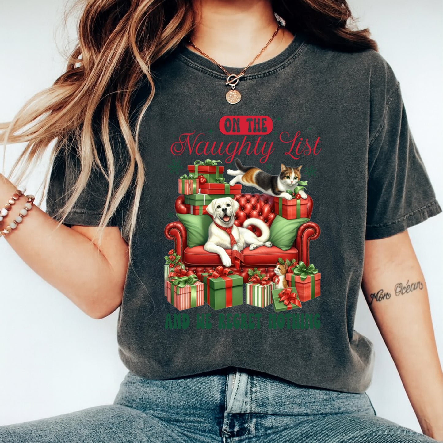 Christmas DTF Transfer – Dog & Cat on Couch “On the Naughty List and We Regret Nothing” Ready to Press Iron On Heat Transfer for DIY Shirts 11816