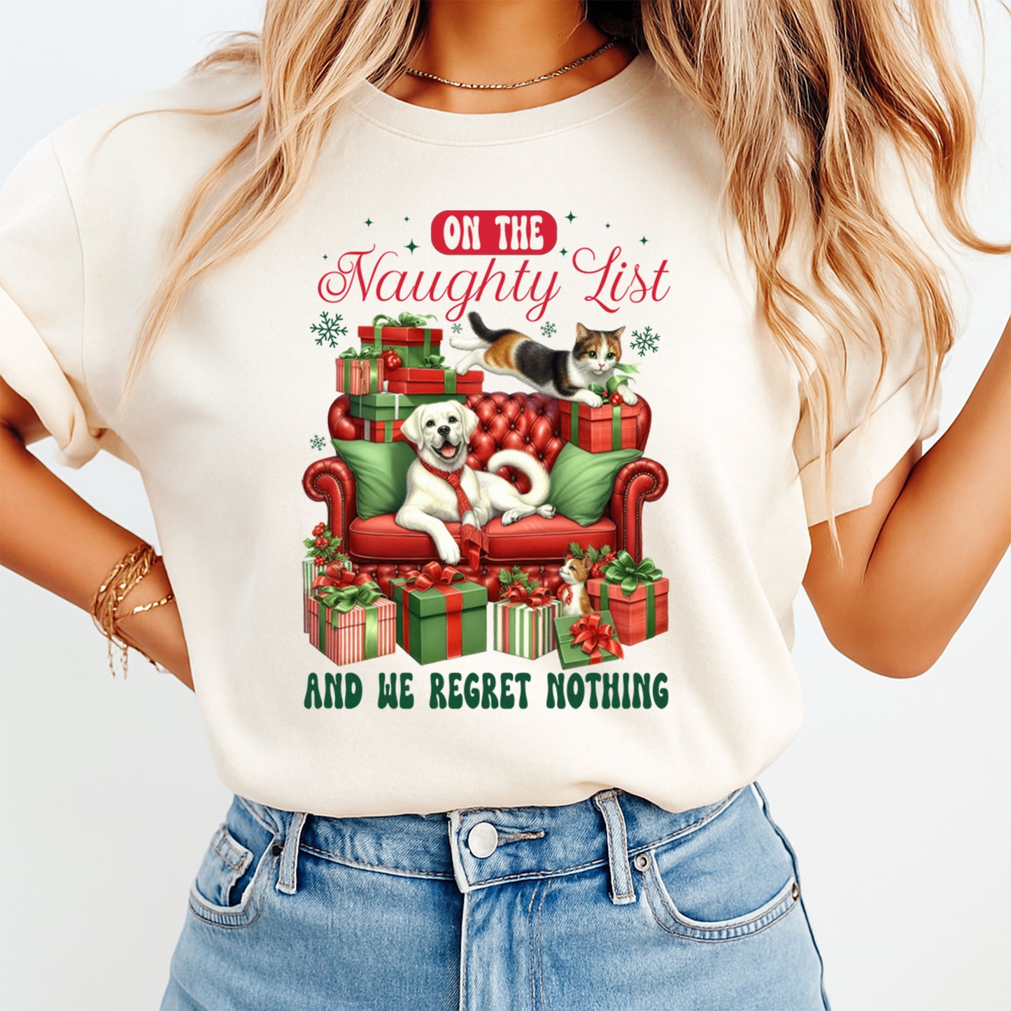 Christmas DTF Transfer – Dog & Cat on Couch “On the Naughty List and We Regret Nothing” Ready to Press Iron On Heat Transfer for DIY Shirts 11816