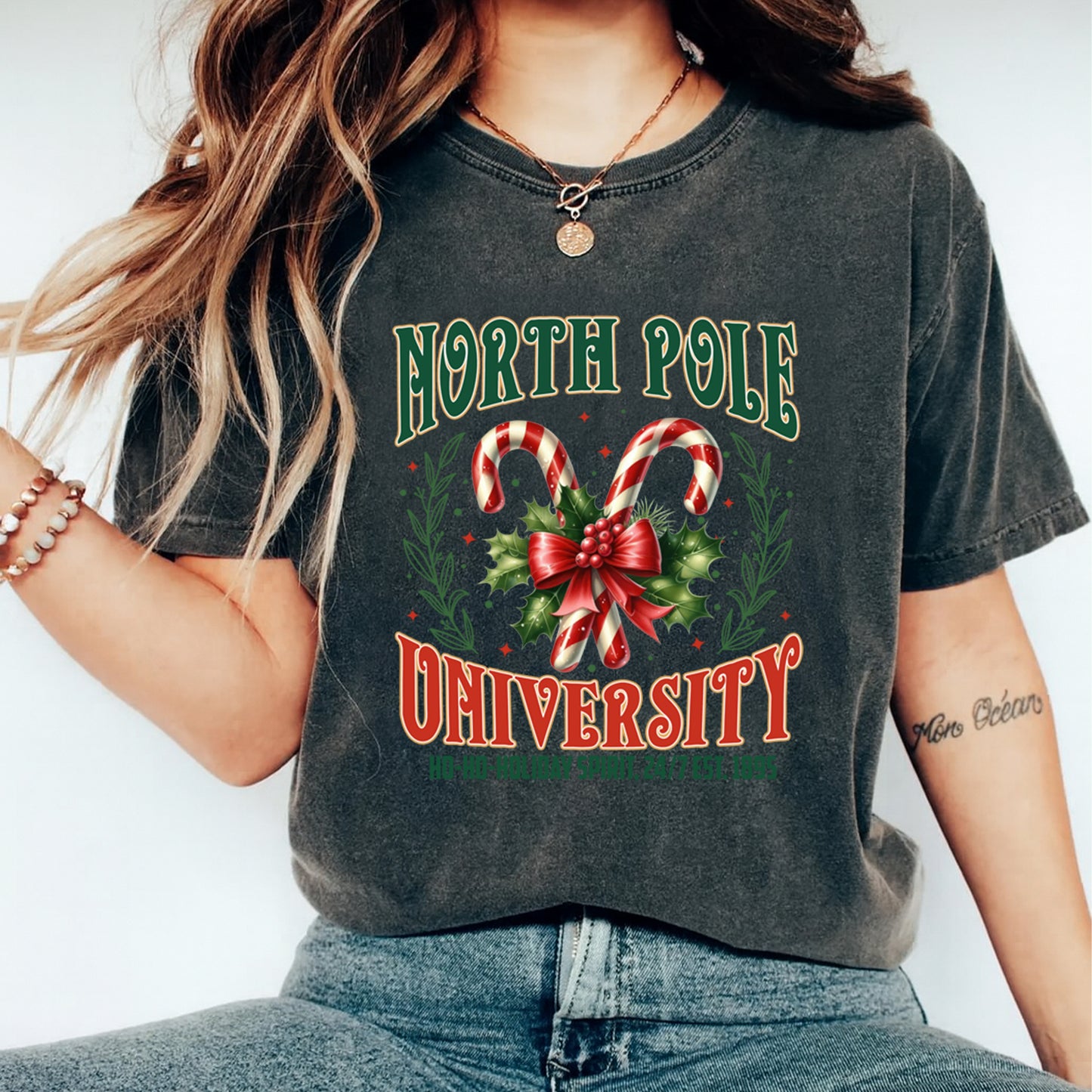 Christmas DTF Transfer – Candy Cane Wreath “North Pole University” Ready to Press Iron On Heat Transfer for DIY Shirts 11817