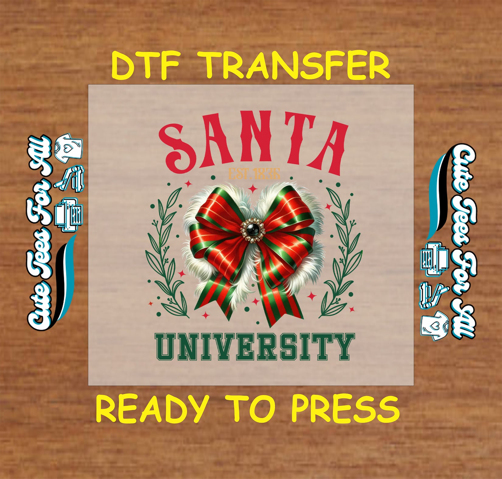 Christmas DTF transfer featuring red and green plaid bow with text “Santa University,” ready to press iron on heat transfer for DIY shirts.